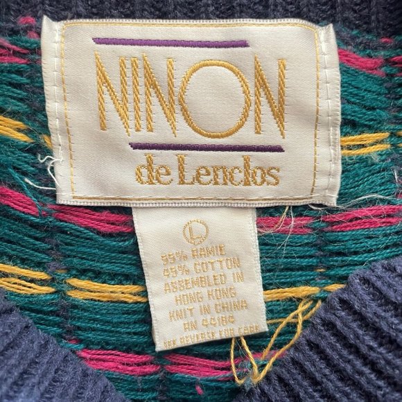 Vintage 80s Ninon de Lenclos Blue Green Check Sweater Floral Embroidered - Picture 8 of 8